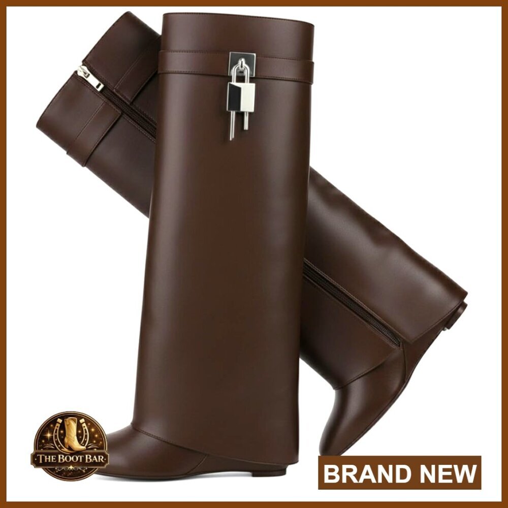 Knee High Wedge Boots Pointed Toe Chunky Heel Fold Over Shark Boots